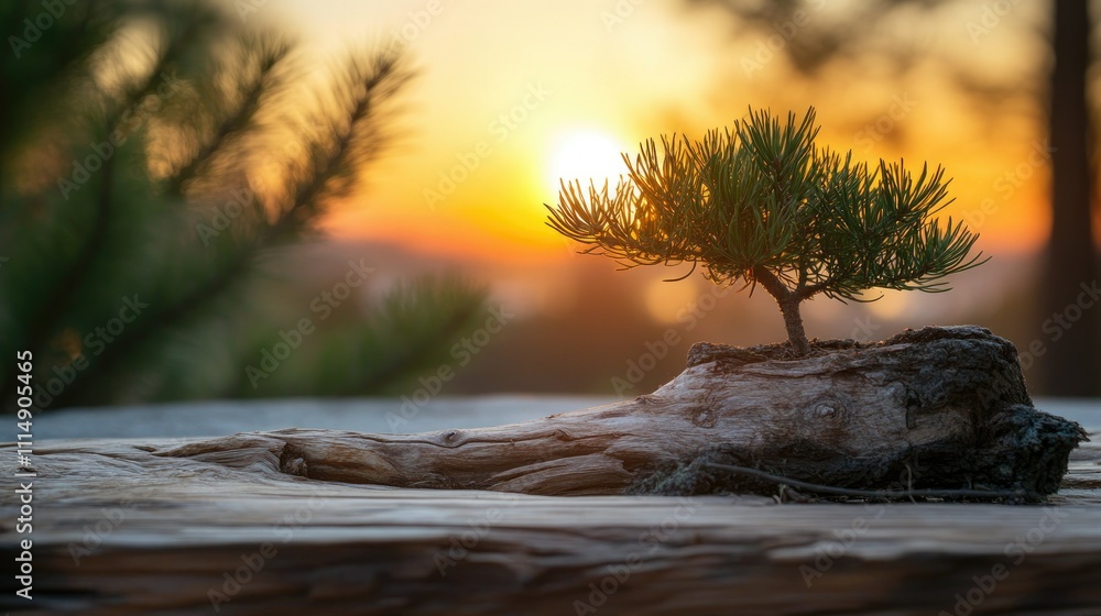 Poster a serene sunset casting a warm glow over a forest, with a small pine tree growing from a fallen log,