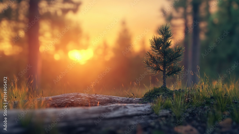 Poster a serene sunset casting a warm glow over a forest, with a small pine tree growing from a fallen log,