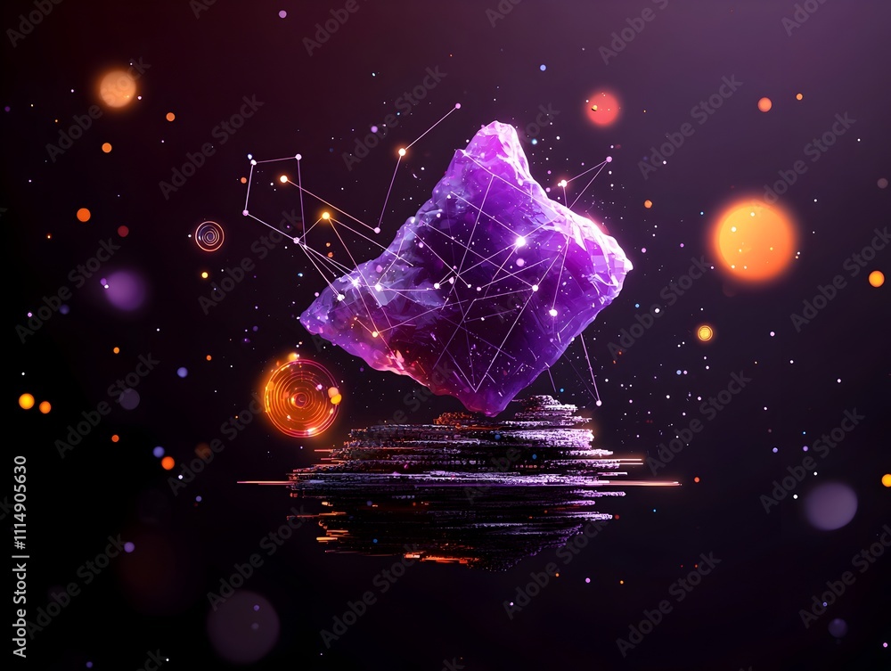 Poster futuristic purple business graph chart with glowing wireframe visualization dynamic infographic abst