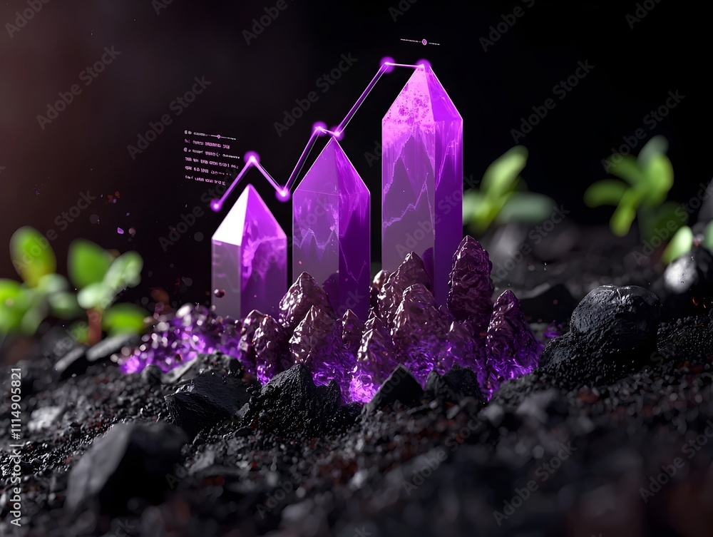Poster futuristic 3d rendered purple infographic chart rising from dark backdrop showcasing financial growt