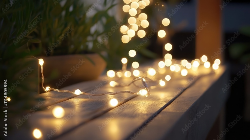 Poster a soft, inviting glow from string lights against a bokeh backdrop, resting on a wooden surface, crea
