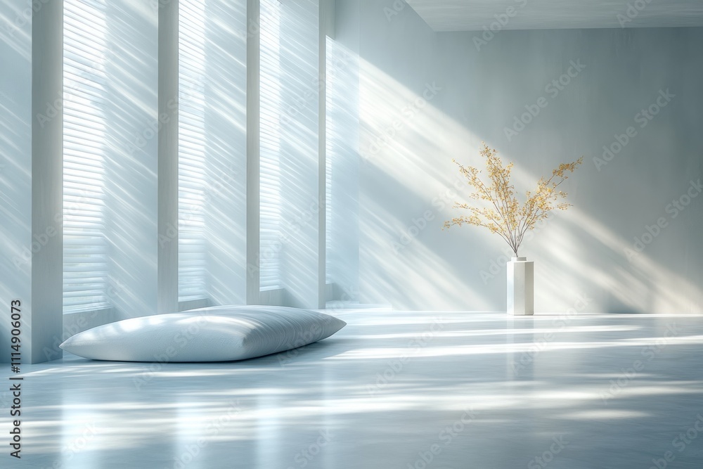 Poster minimalist architectural scene with abstract white forms and soft sunlight highlights in modern desi