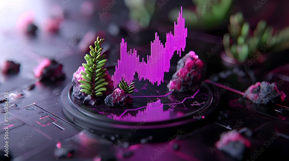 Poster mesmerizing abstract purple graph chart displayed on a dark futuristic setting showcasing financial 