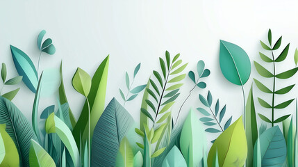 Tropical jungle pattern with layered green leaves on white