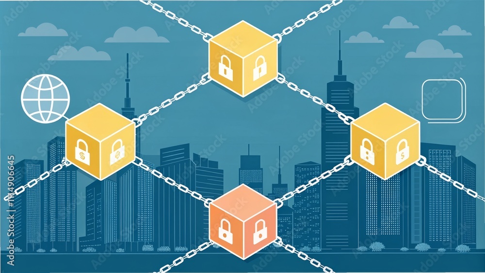 Poster blockchain network security concept with symbolic locks and digital connections