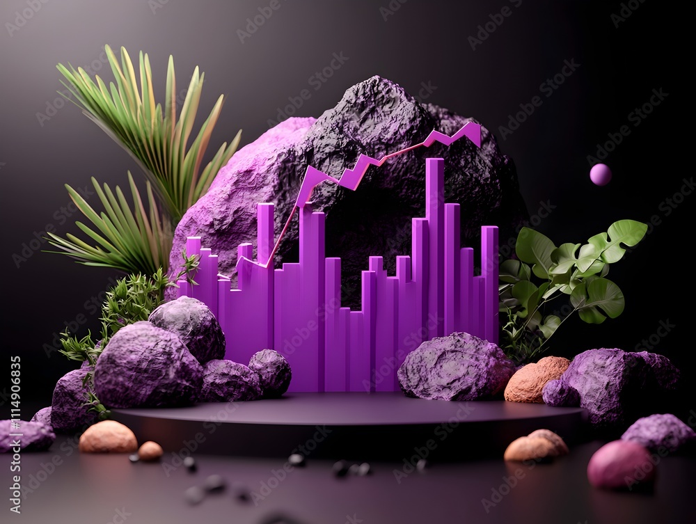 Poster pulsing purple growth chart visualizing dynamic financial data and insights on a sleek mock up inter