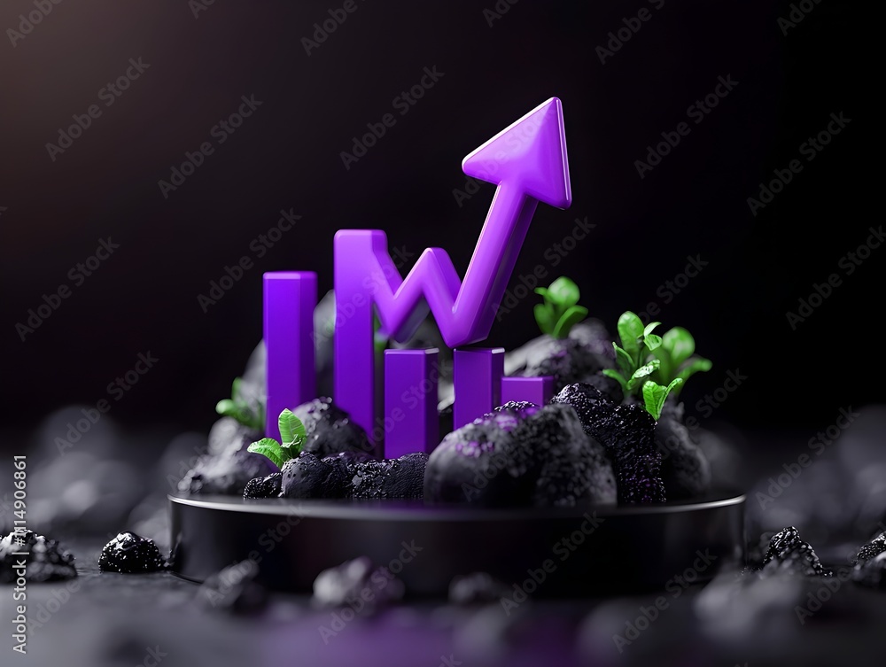 Poster Intricate pulsing purple growth chart rising against a shadowy backdrop showcasing a sleek mock up area for displaying financial data and insights