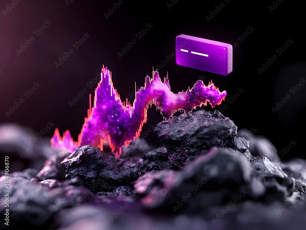 Poster dramatic 3d rendering of ascending purple financial data visualization on ominous dark backdrop with