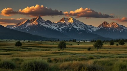 Obraz premium Sunset illuminating snow-capped mountains over a vast grassy plain.