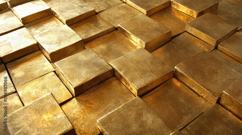 Poster A textured arrangement of shiny gold blocks, closely captured to highlight their gleaming surface and the intricate design of the pattern.