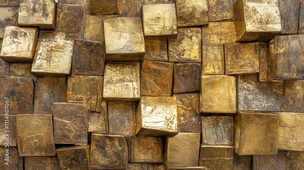 Aufkleber A textured arrangement of shiny gold blocks, closely captured to highlight their gleaming surface and the intricate design of the pattern.
