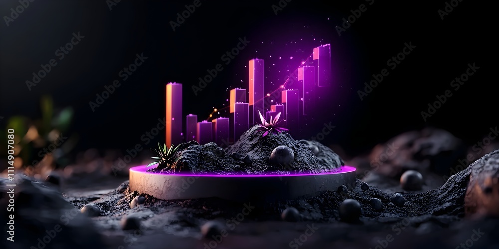 Poster intricate holographic purple graph chart projection hovering above a darkened technological backdrop