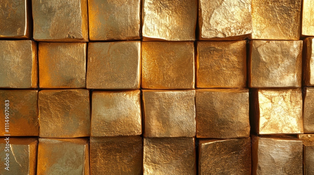 Poster A textured arrangement of shiny gold blocks, closely captured to highlight their gleaming surface and the intricate design of the pattern.