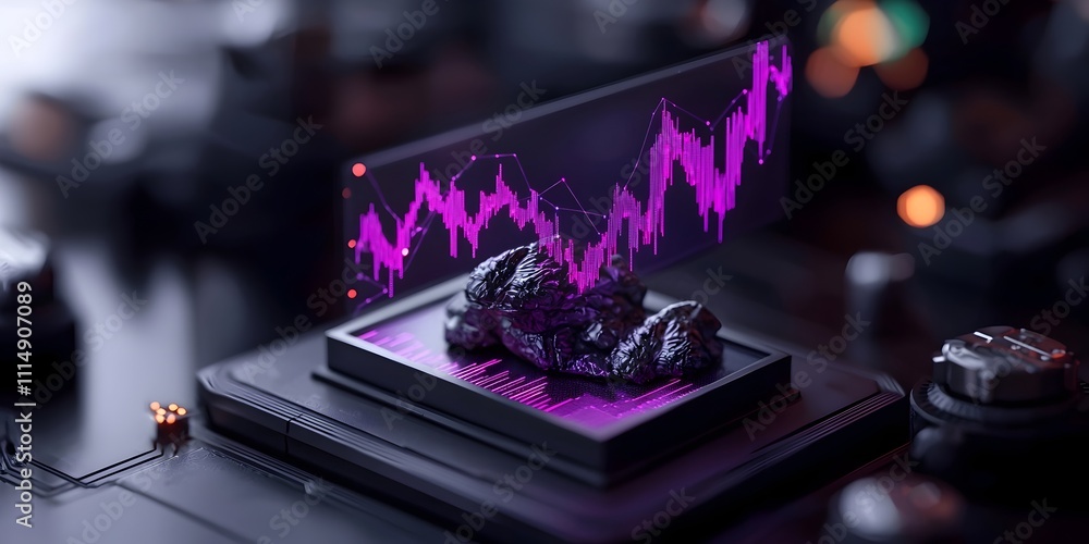 Poster intricate holographic purple graph chart projection hovering above a darkened technological backdrop