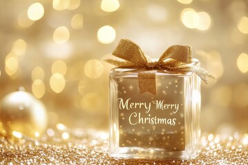 Christmas Gift with golden bow and text "Merry Christmas". 
