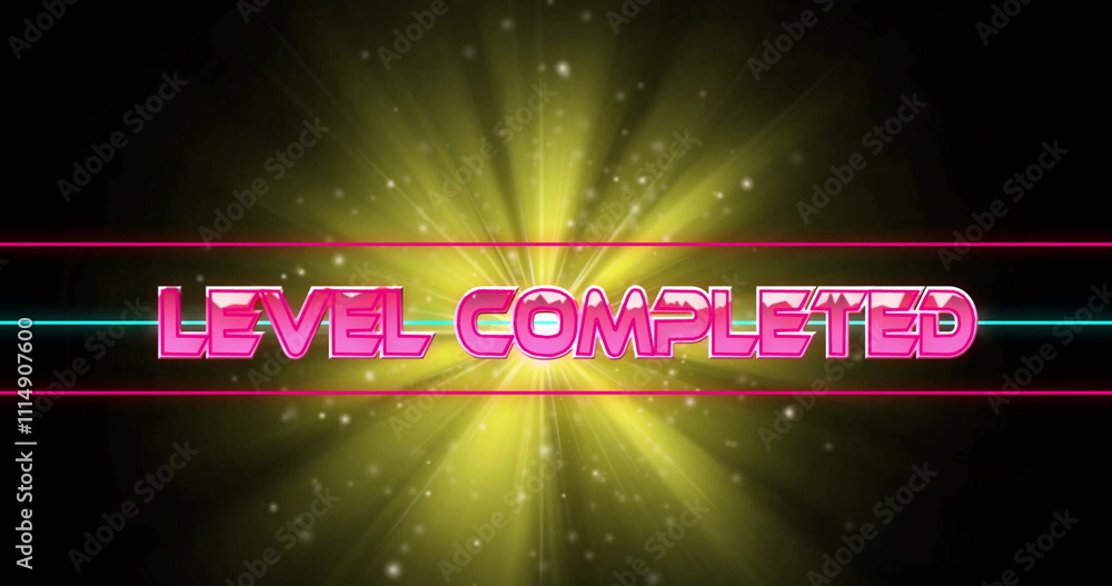 Poster image of level completed text over neon pattern background
