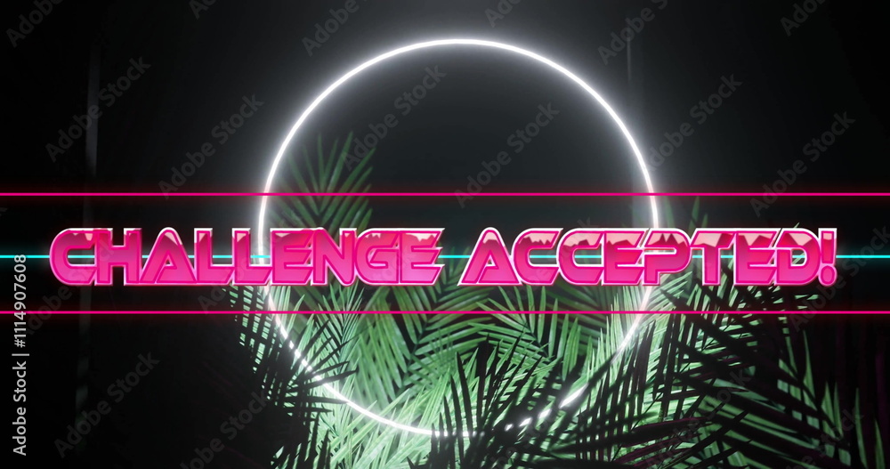 Poster image of challenge accepted text over neon pattern background