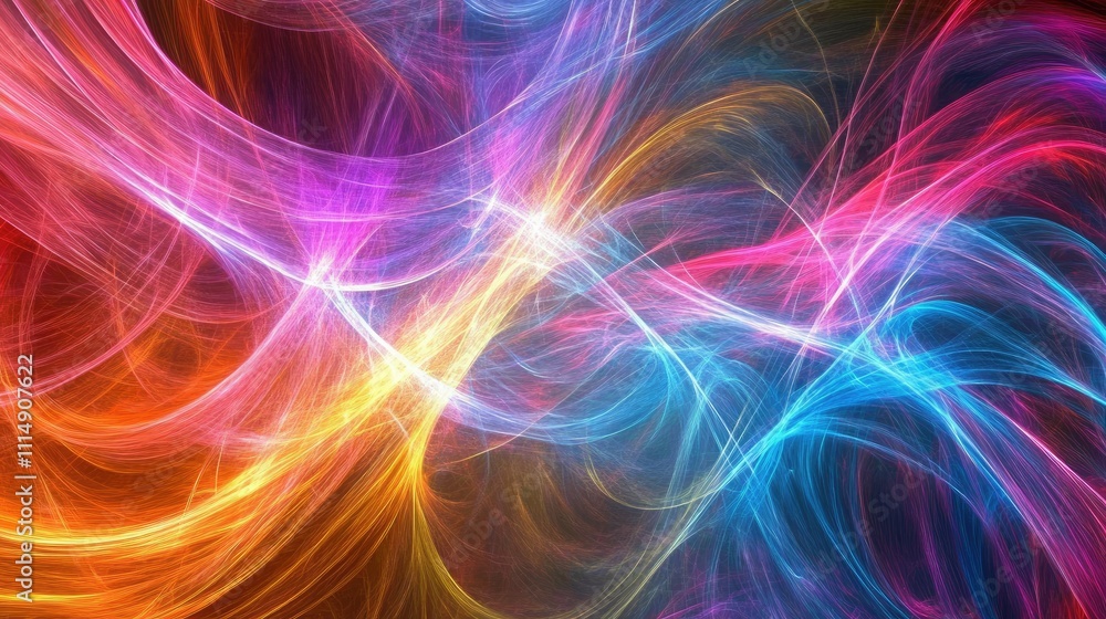 Poster A vibrant, abstract representation of light, energy, and movement with glowing rectangular shapes swirling in a kaleidoscopic pattern.