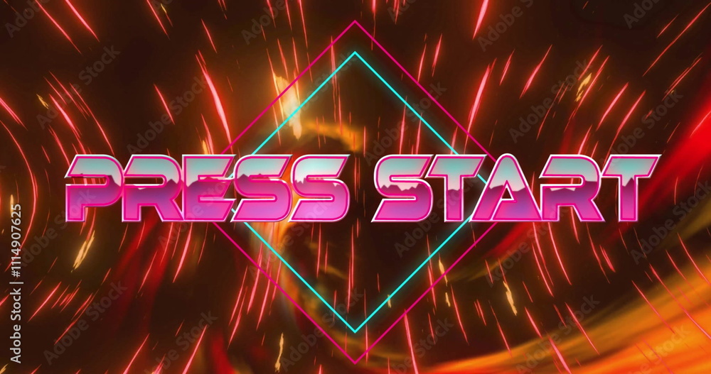 Poster image of press start text over neon pattern background