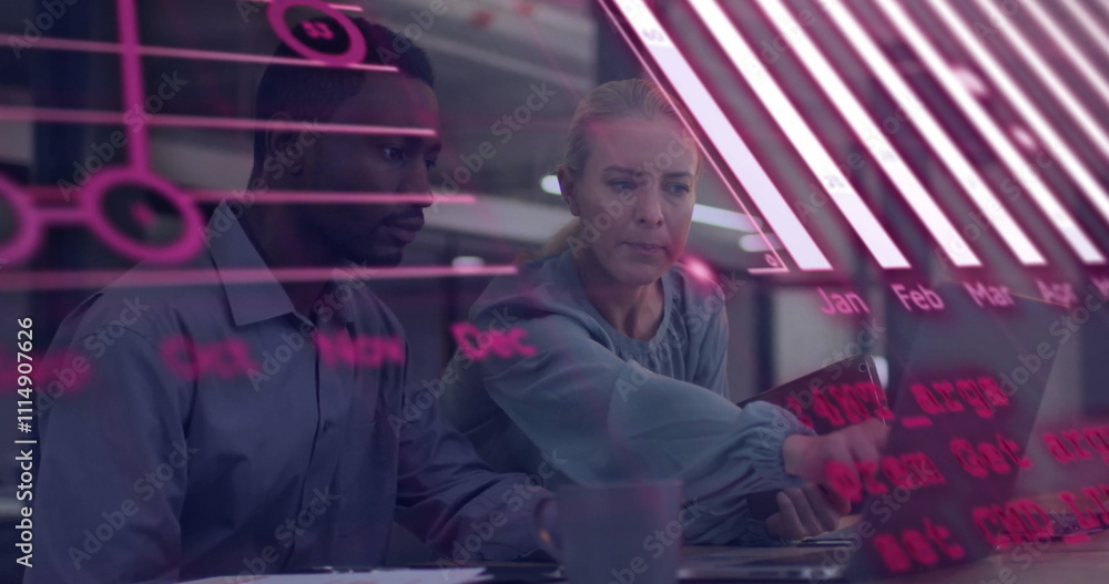 Poster image of financial data processing over diverse colleagues discussing work in office