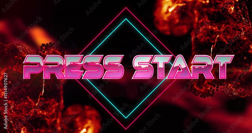 Poster image of press start text over neon pattern background