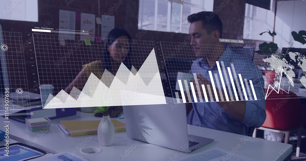 Aufkleber image of financial data processing over diverse colleagues discussing work in office