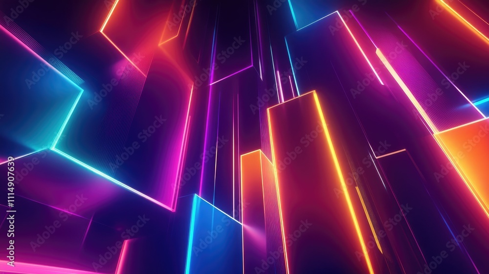Poster a vibrant, abstract representation of light, energy, and movement with glowing rectangular shapes sw