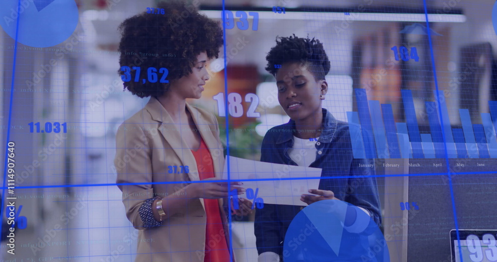 Poster image of financial data processing over diverse colleagues discussing work in office