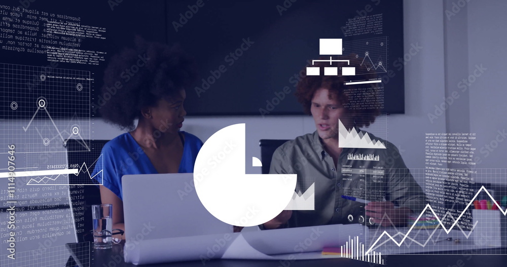 Poster image of financial data processing over diverse colleagues discussing work in office