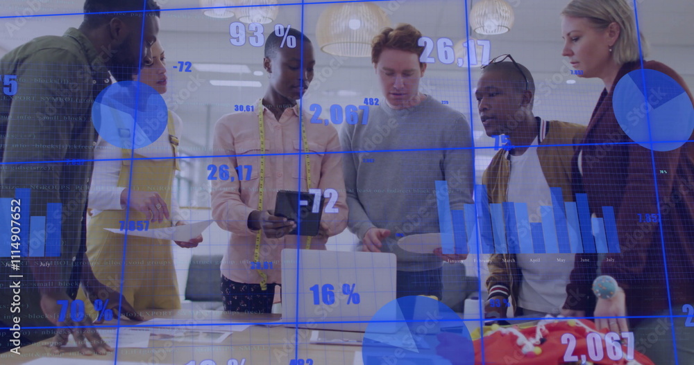 Poster image of financial data processing over diverse colleagues discussing work in office