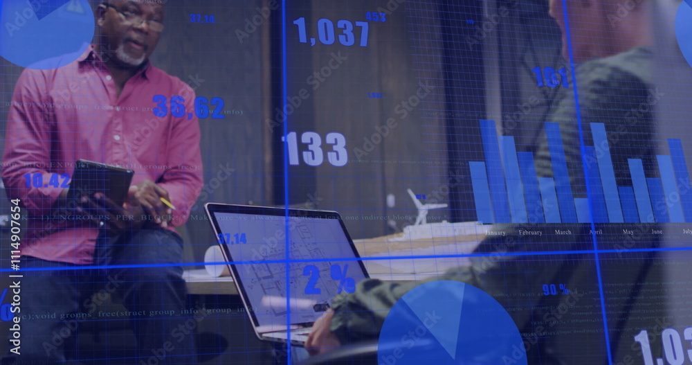 Poster image of financial data processing over diverse colleagues discussing work in office