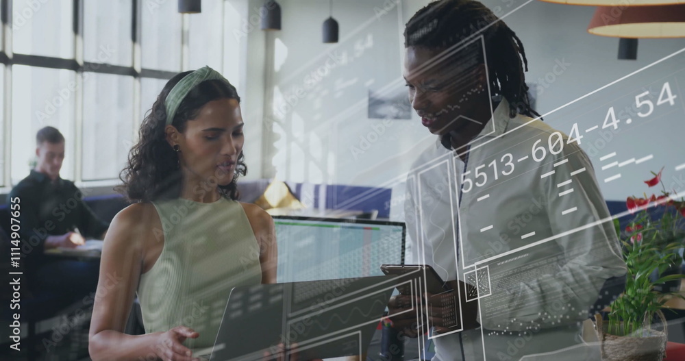 Poster image of data processing over diverse colleagues discussing work