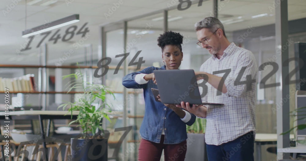 Poster image of data processing over diverse colleagues discussing work