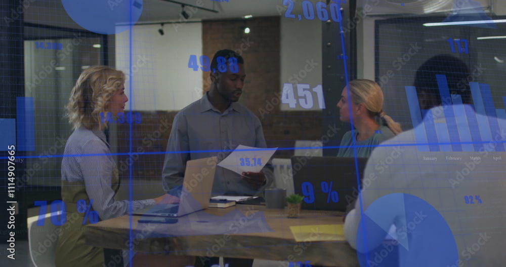 Poster image of data processing and diagrams over diverse colleagues discussing work