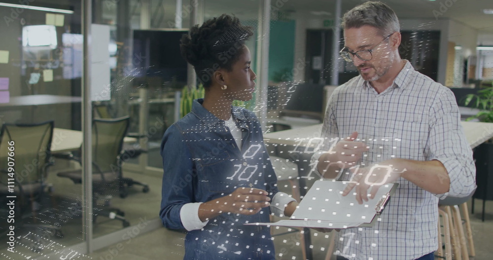 Poster image of binary coding over diverse colleagues discussing work
