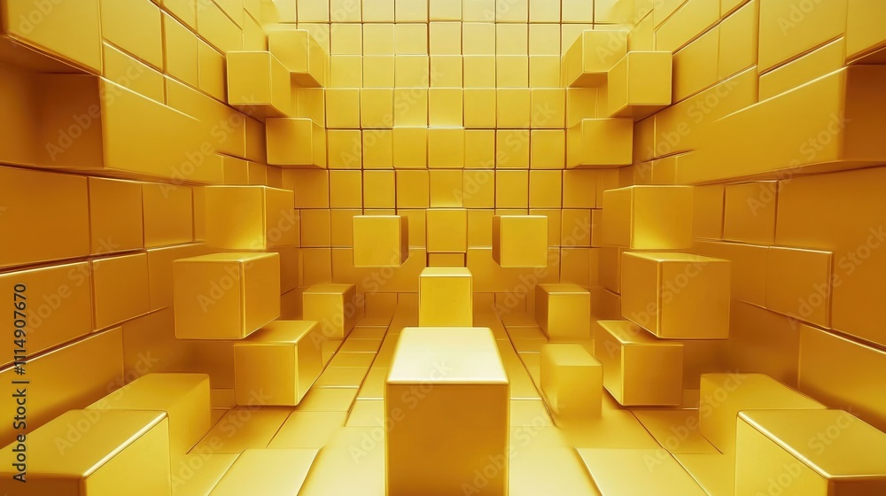 Poster a vibrant arrangement of golden cubes forming a striking 3d pattern, creating a bold and futuristic 