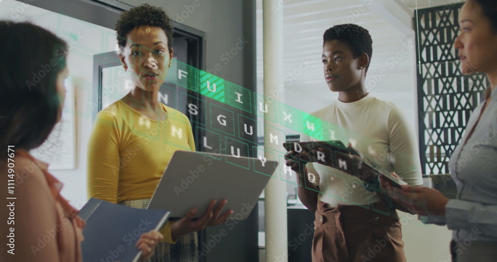 Poster image of keyboard and diagrams over diverse colleagues discussing work