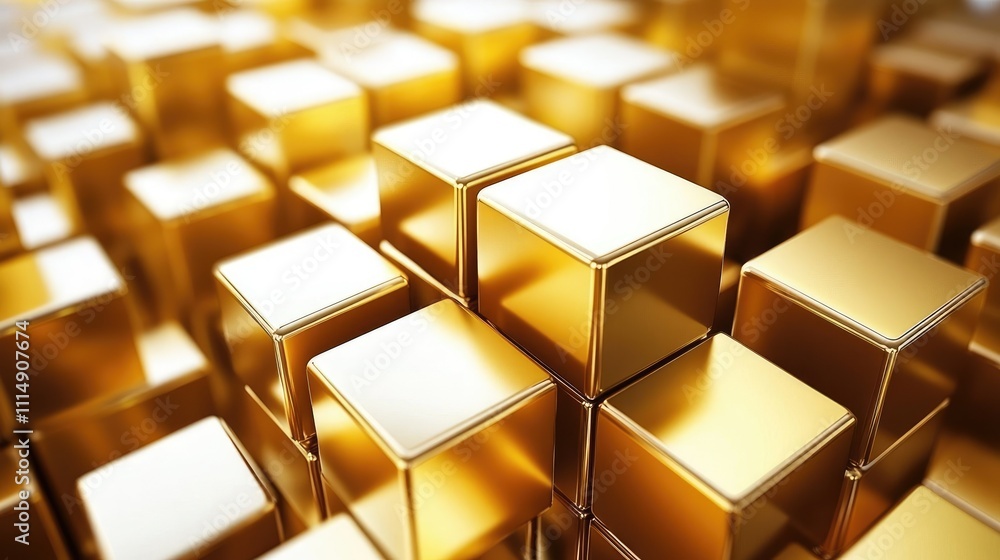 Poster a vibrant arrangement of golden cubes forming a striking 3d pattern, creating a bold and futuristic 