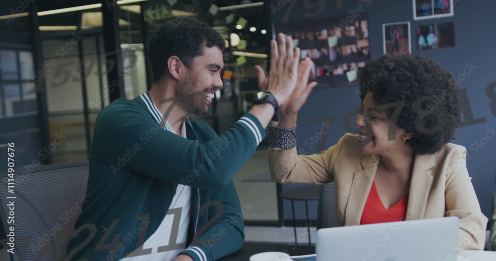 Poster image of data processing over biracial colleagues discussing work