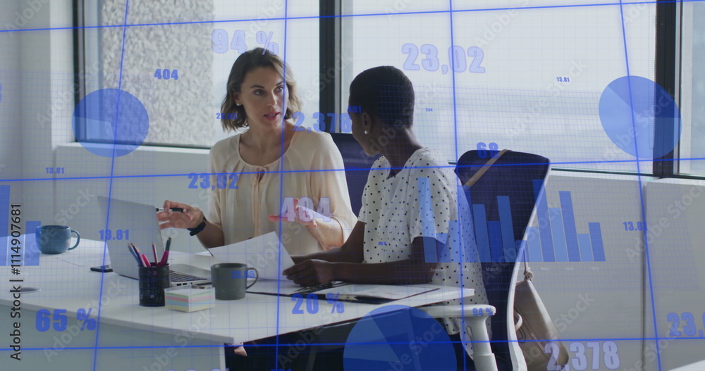 Poster image of data processing and diagrams over diverse colleagues discussing work