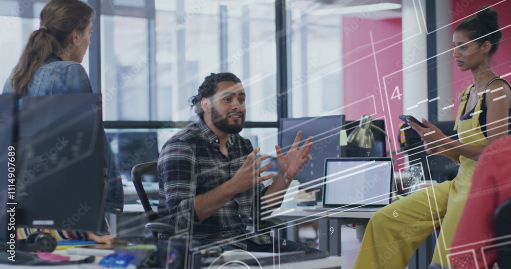 Poster image of data processing and diagrams over diverse colleagues discussing work
