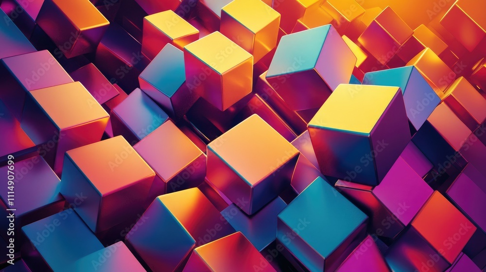 Poster a vibrant arrangement of golden cubes forming a striking 3d pattern, creating a bold and futuristic 