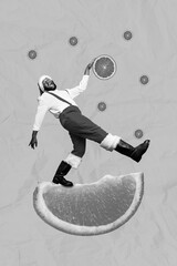 Vertical creative photo collage of funky funny man dressed santa claus costume dancing on orange...
