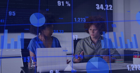 Image of financial data processing over diverse colleagues discussing work in office