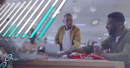 Image of financial data processing over diverse colleagues discussing work in office