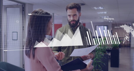 Image of financial data processing over diverse colleagues discussing work in office