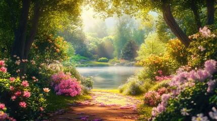 Obraz premium A vibrant garden path surrounded by blooming flowers, leading to a tranquil lake under soft sunlight, offering a peaceful escape.