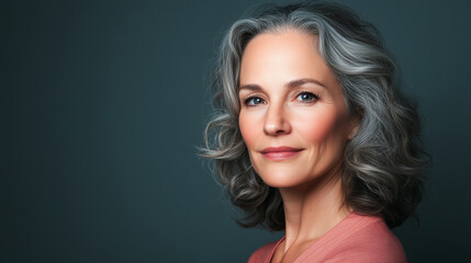 Fototapeta premium A mature woman with curly gray hair, wearing soft pink top, smiles gently against dark background.