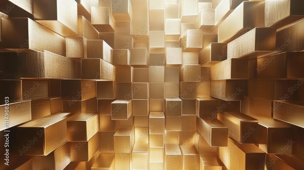 Poster a visually captivating arrangement of golden cubes in a 3d pattern, showcasing depth, shine, and con