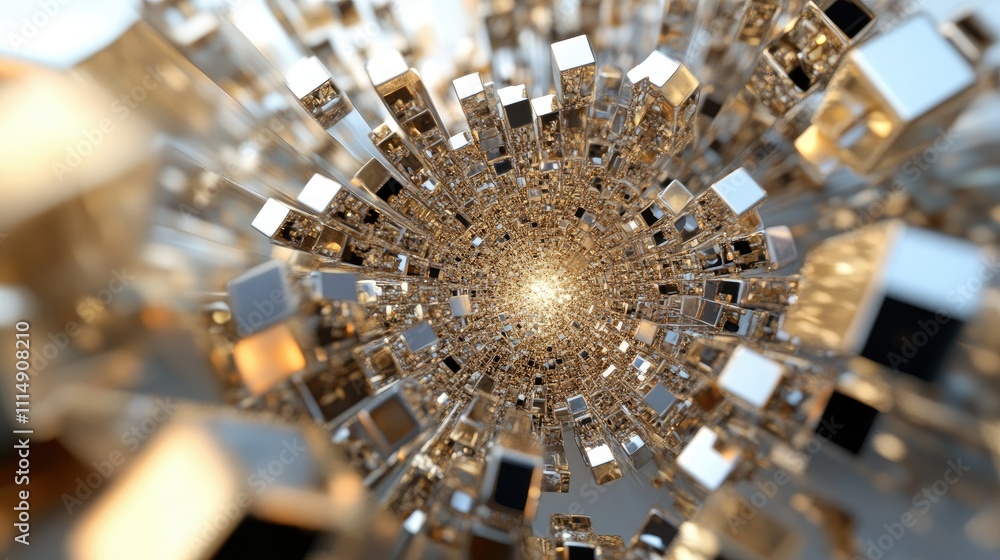 Poster a visually captivating arrangement of golden cubes in a 3d pattern, showcasing depth, shine, and con